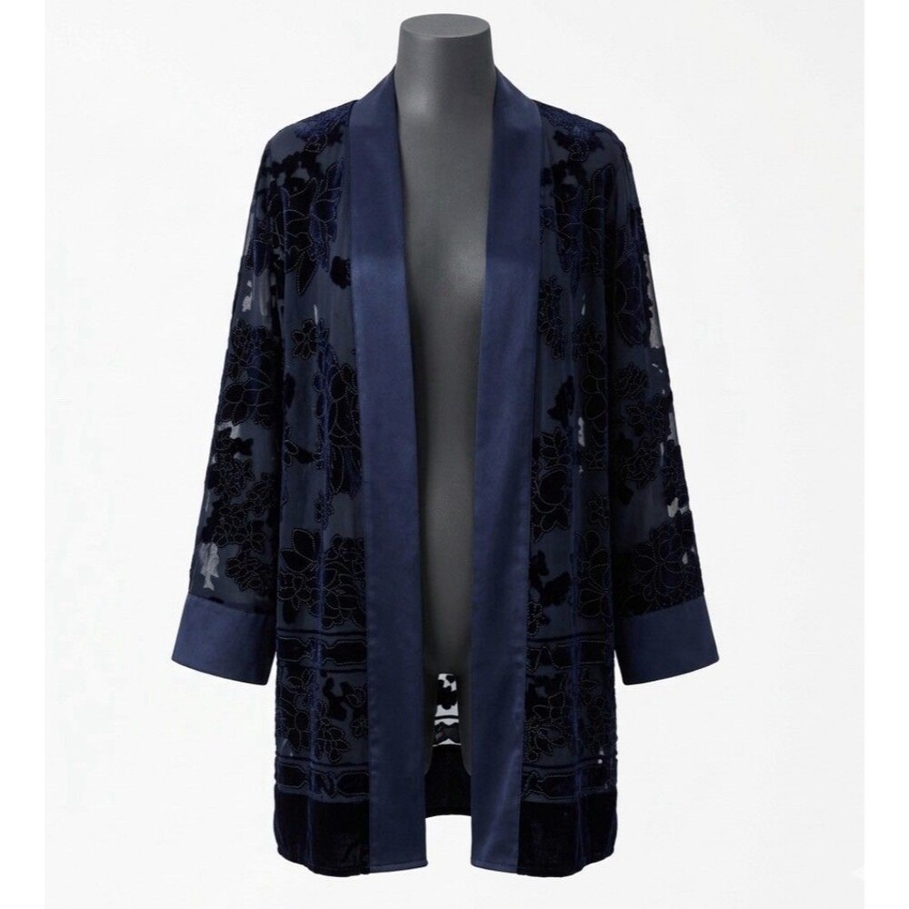 Coldwater Creek 1X Velvet Burnout Kimono Cardigan Navy Blue Open Whimsy Goth